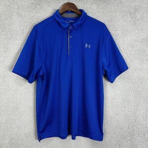 Under armour polo shirt mens XL blue striped logo loose fit heat gear golf rugby